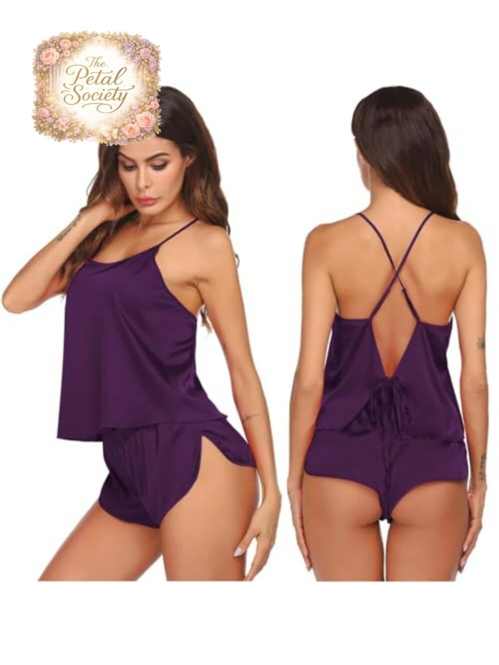 Silk Satin Pajama Set Women Backless Cami Shorts Lingerie Sleepwear